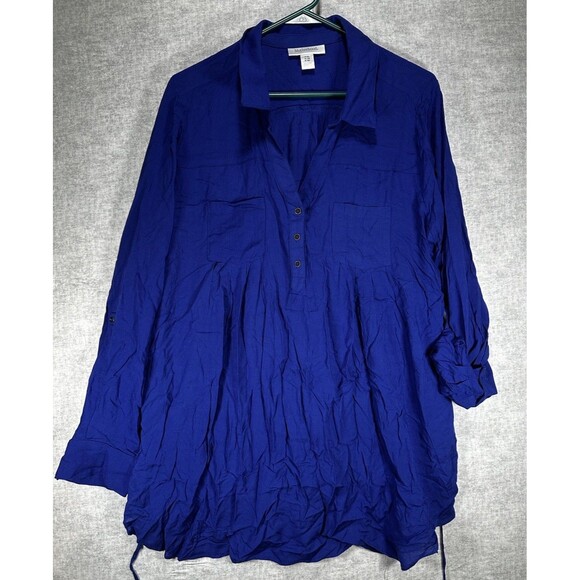 Motherhood Maternity Woman Size XL Nursing Blue Button Up Belted Tunic Top Dress - Picture 1 of 8
